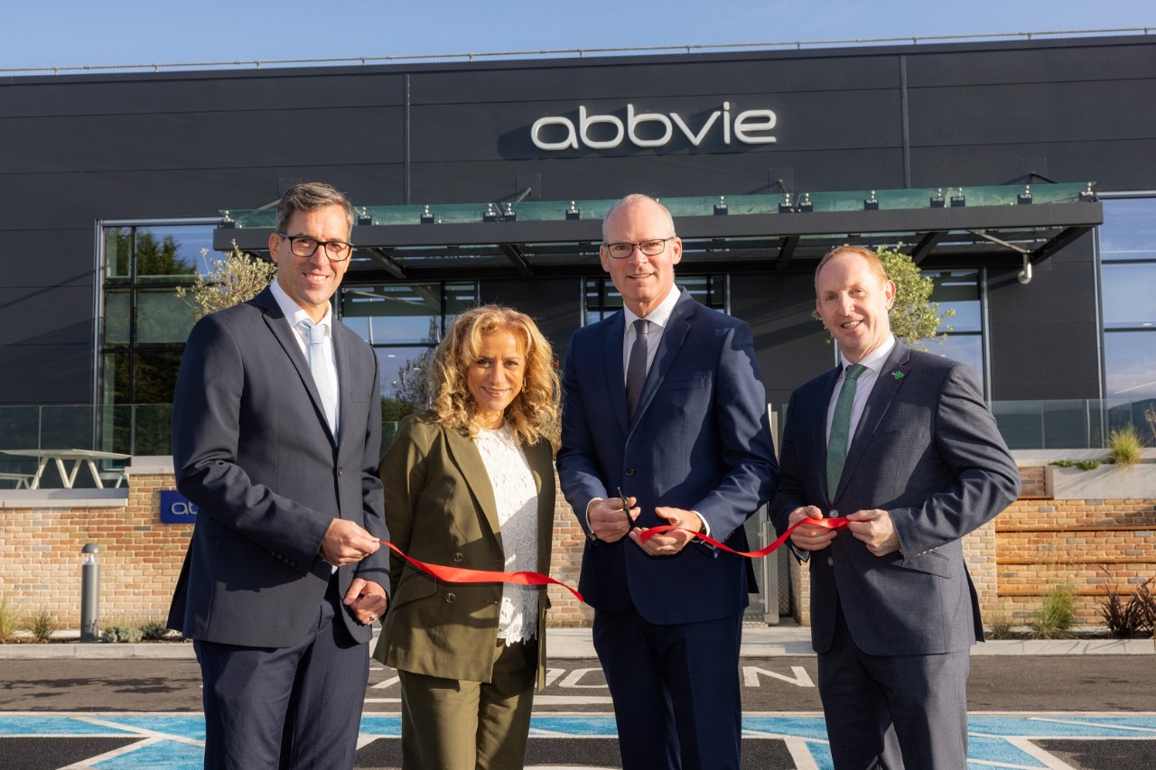 21-9-23Picture shows from left at the launch of AbbVie’s new €23 million European manufacturing services hub in North Dublin are Marco Froehlich, Site Director, AbbVie; Azita Saleki-Gerhardt, Global Chief Operations Officer, AbbVie; Simon Coveney TD, Minister for Enterprise, Trade and Employment; and Michael Lohan, CEO IDA Ireland.Pic:Naoise Culhane-no fee